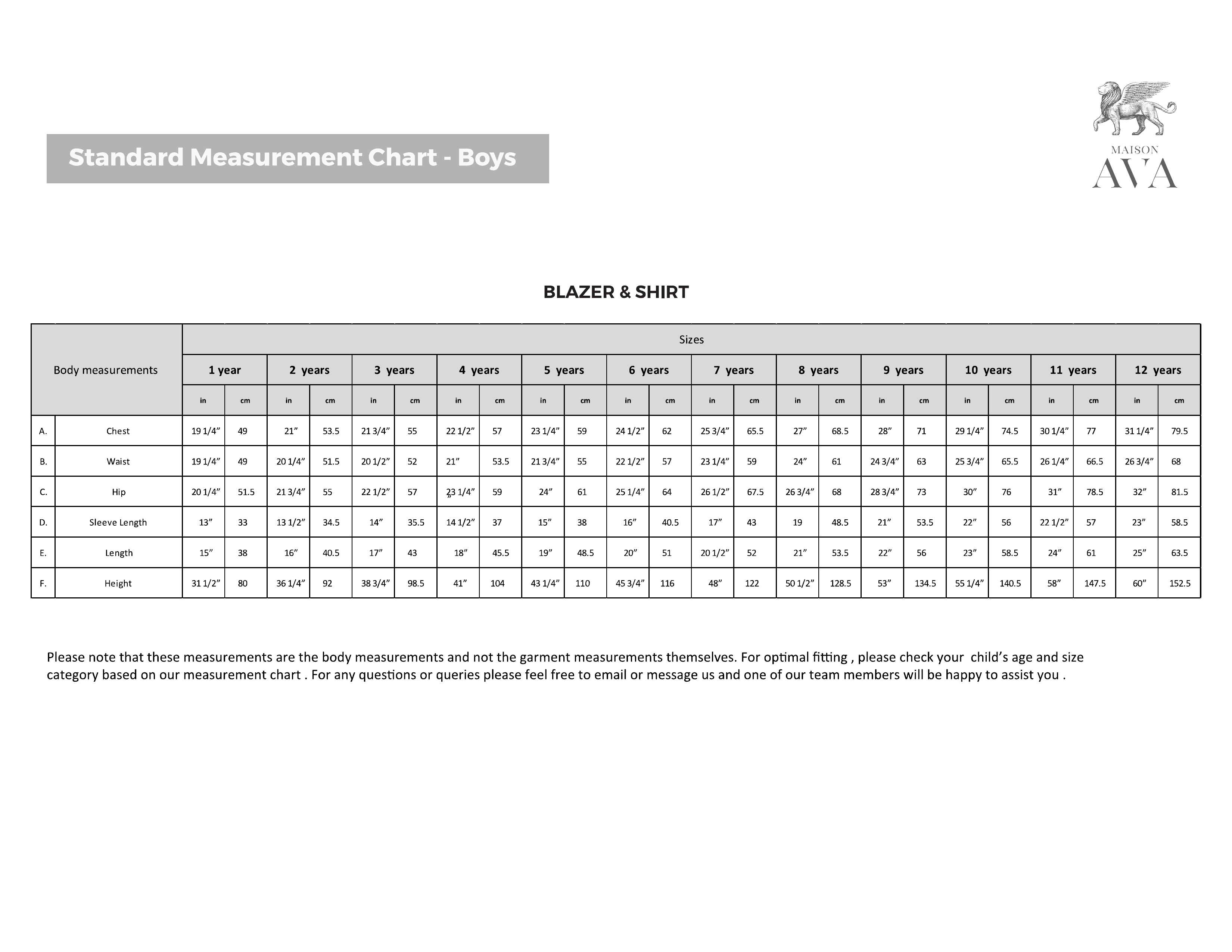 Boys measurement chart, blazer and shirt