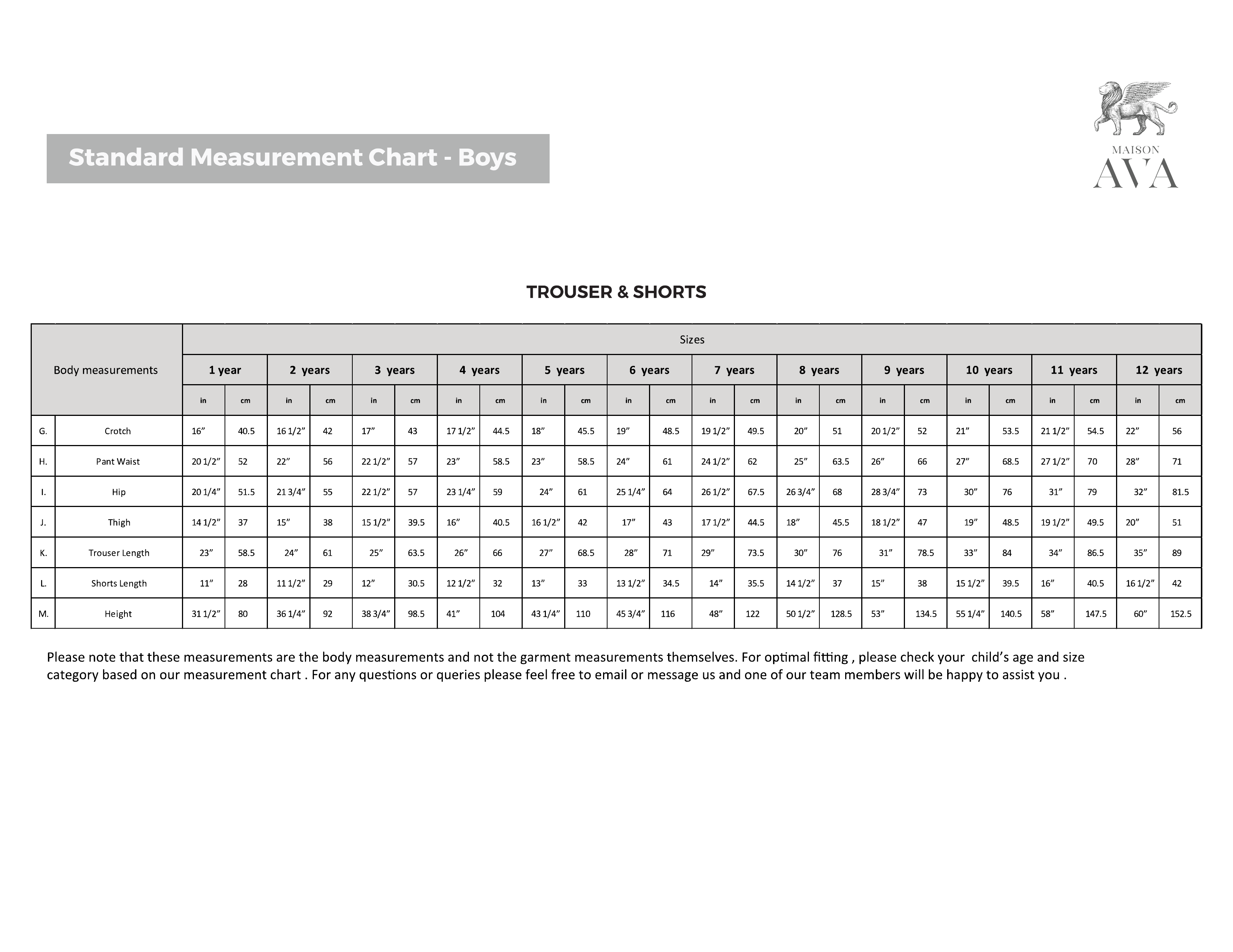 Boys measurement chart, trouser and shorts
